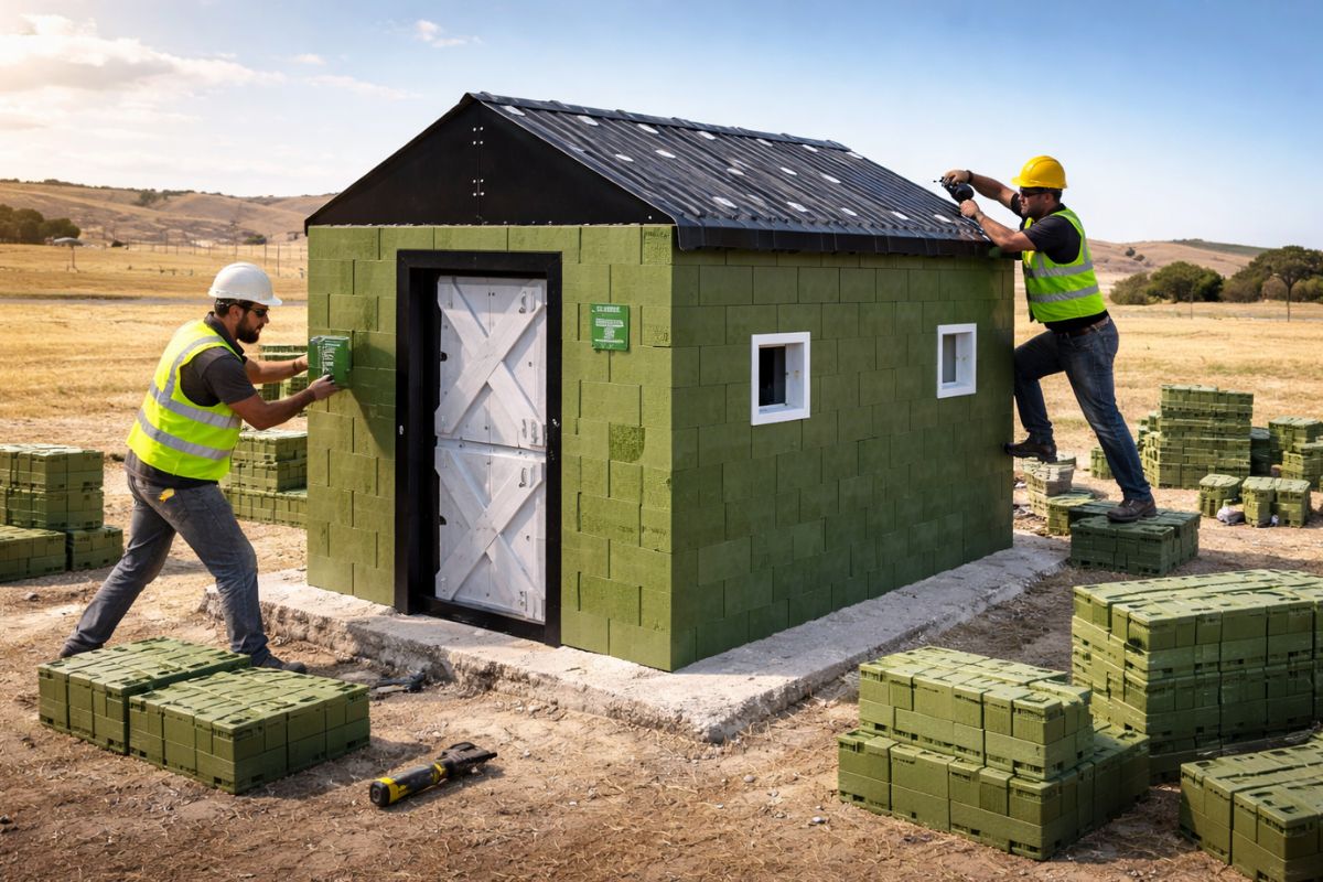 QUICKBLOCK com blocos de plástico e plástico reciclado cria abrigo humanitário de montagem rápida para emergências.