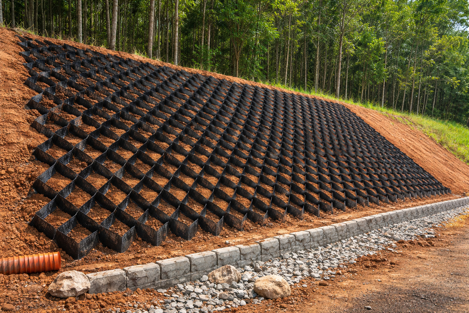 Engenheiros usam geocélulas de polímero que parecem favos de mel para transformar solo comum em estruturas capazes de suportar toneladas, estabilizar encostas e substituir muros de contenção de concreto em obras rodoviárias e projetos de paisagismo