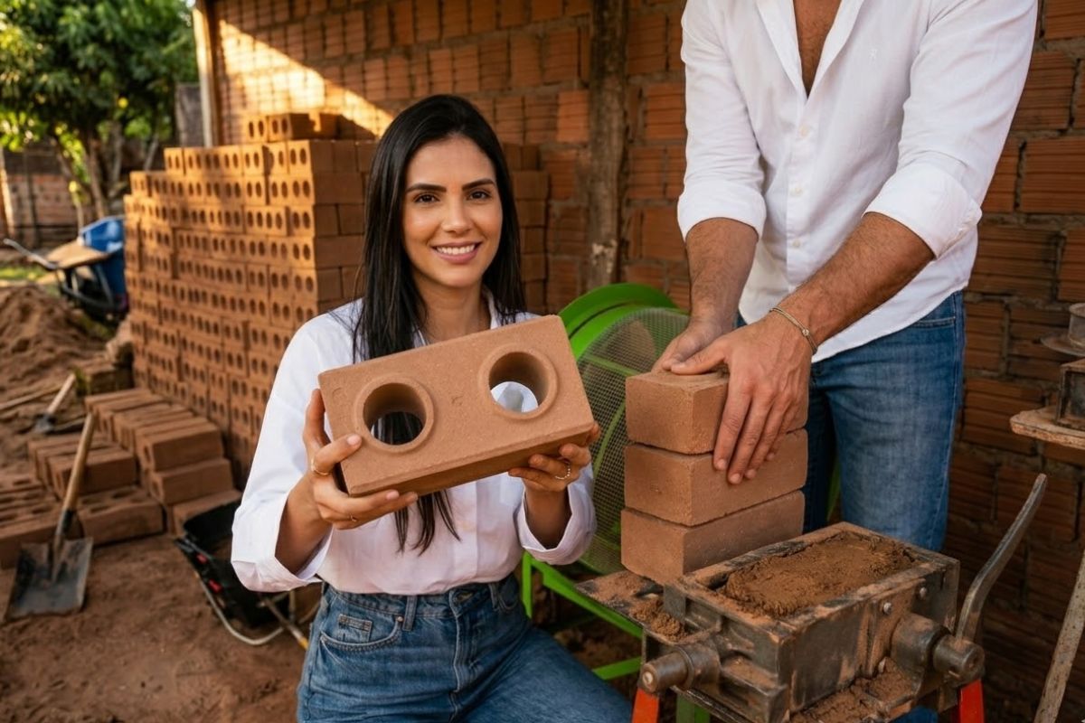 Tijolo ecológico na autoconstrução com prensa manual e terra adequada ajuda a reduzir o custo da obra. imagem: IA