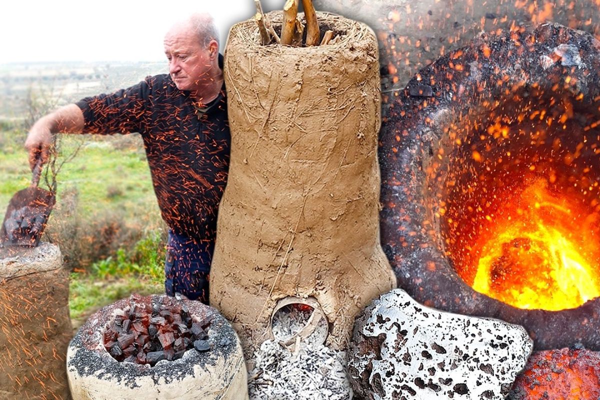 Forno primitivo da Idade do Ferro usa argila, limonita, carvão vegetal e ferro em experimento que recria técnica metalúrgica antiga.