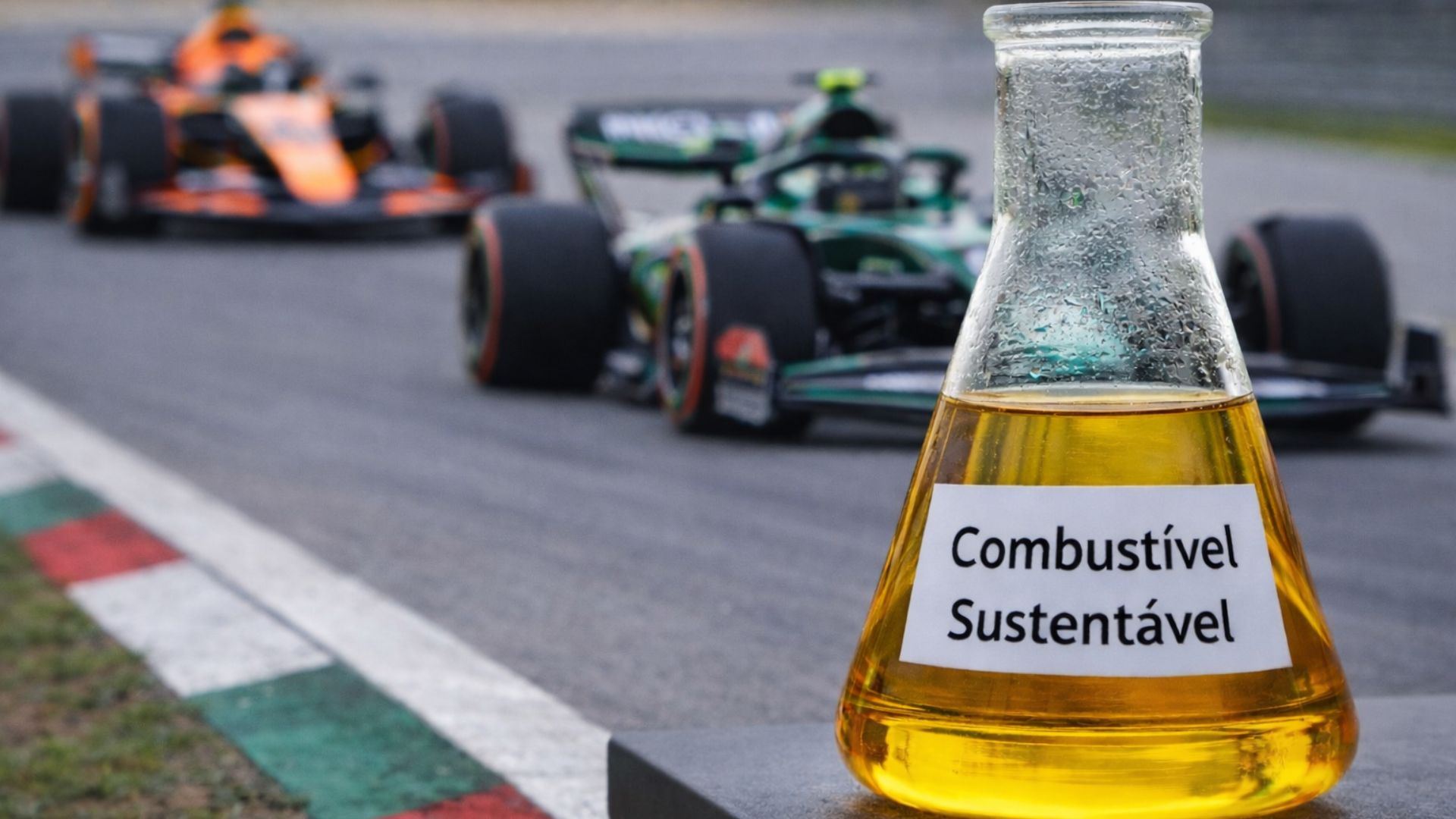 Frasco com combustível sustentável em primeiro plano e carros de Fórmula 1 ao fundo em pista de corrida representando novos biocombustíveis usados no automobilismo.