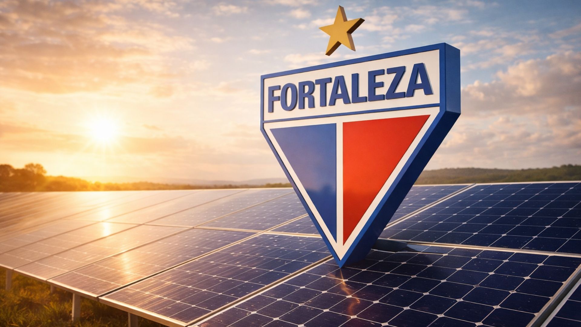 Usina de energia solar com logotipo do Fortaleza Esporte Clube em destaque representando projeto de autossuficiência energética do clube no Pici