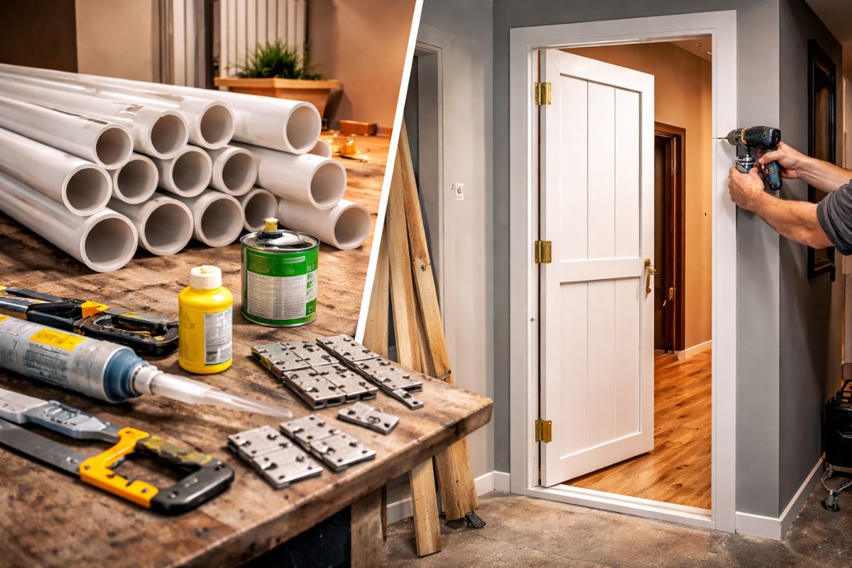 Porta de PVC com PVC, cola estrutural, dobradiças e perfil em U mostra como montar uma porta barata e funcional em casa.