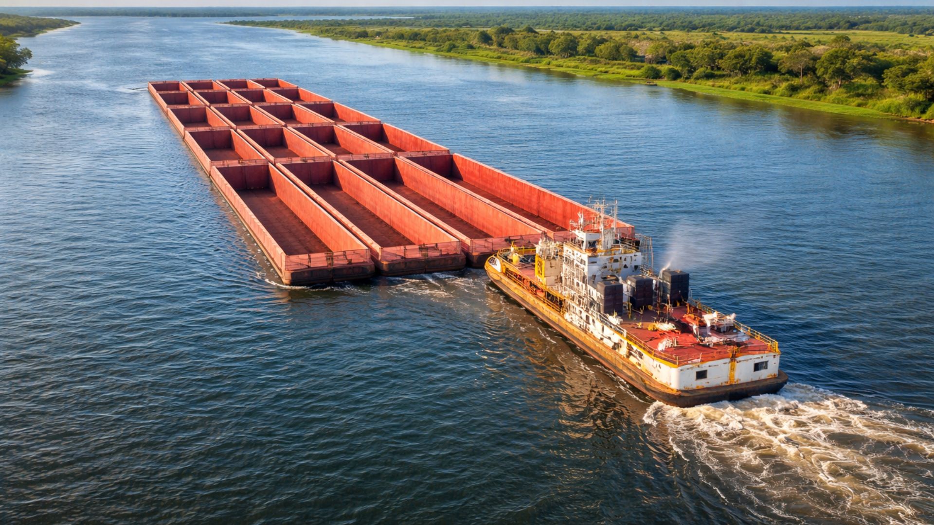 Comboio de barcaças transportando combustíveis pela hidrovia do Tapajós, ilustrando o transporte fluvial que reduz emissões e substitui viagens rodoviárias na Amazônia.