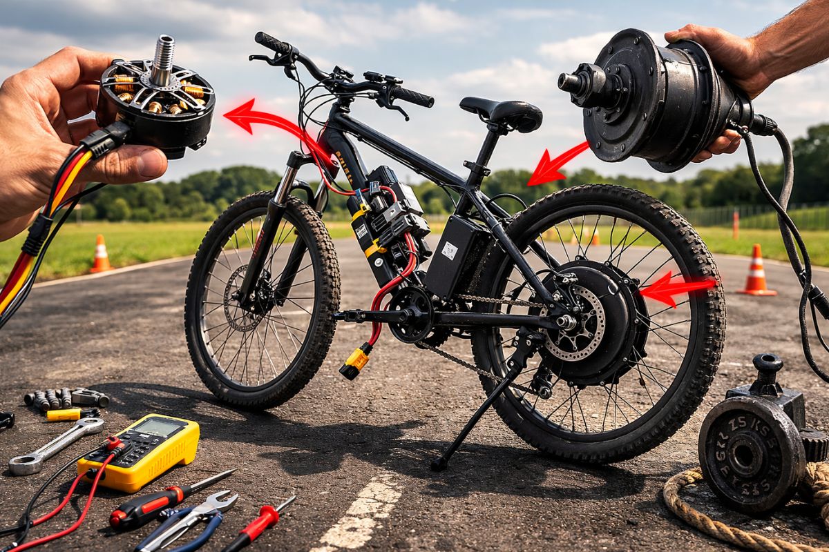 Bicicleta elétrica testa motor de drone, potência, rotação e torque para mostrar por que 1.000 watts não garantem o mesmo desempenho.