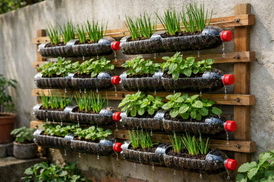 Productores y residentes comenzaron a cortar botellas PET, colgarlas en la pared y crearon un huerto vertical que ocupa hasta un 80% menos espacio, produce alrededor de 3 kg de hierbas por mes en solo 2 m² y utiliza riego por gravedad que consume alrededor de 2 litros de agua por semana