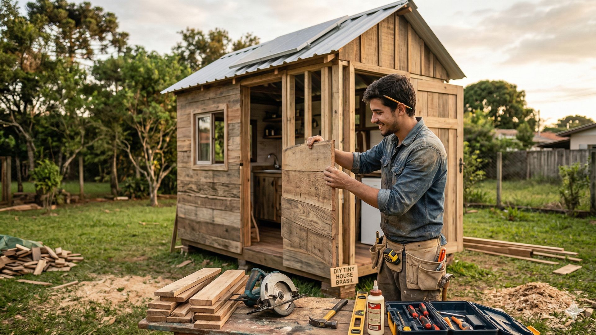 Jovem constrói tiny house sozinho no quintal com madeira reaproveitada e instala energia solar em espaço compacto e funcional.