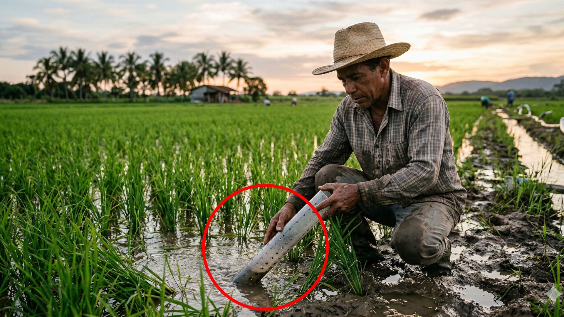Técnica AWD no arroz irrigado usa tubo perfurado para controlar nível de água e reduzir até 30% do consumo hídrico. (Imagem: IRRI)
