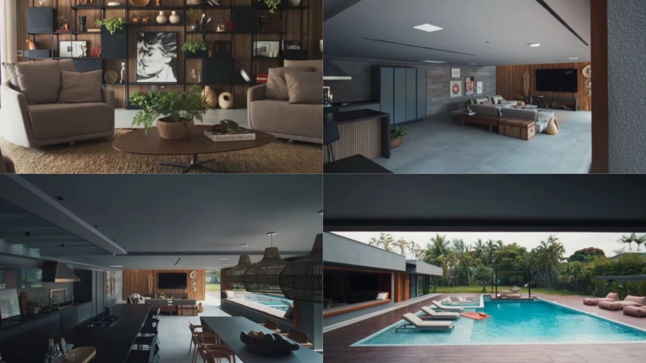 Paolla Oliveira muestra mansión de 1.700 m² en la Barra da Tijuca, con paneles de vidrio, piscina rodeada por vegetación y altar religioso.