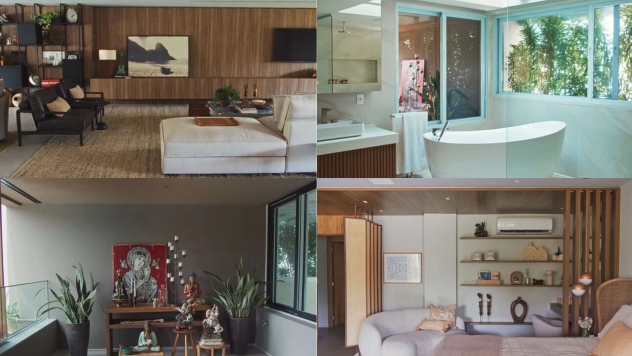 Paolla Oliveira muestra mansión de 1.700 m² en la Barra da Tijuca, con paneles de vidrio, piscina rodeada por vegetación y altar religioso.