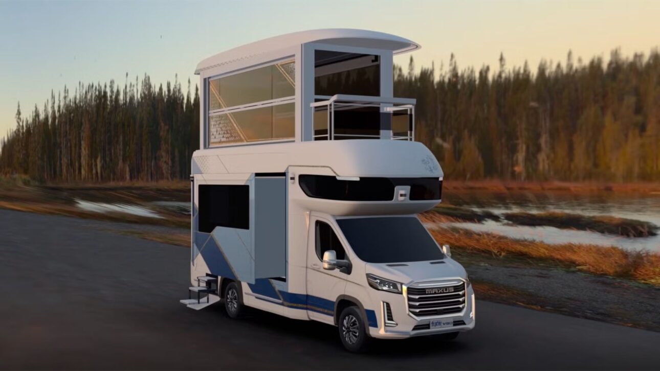 Motorhome futurista com elevador de vidro, segundo andar retrátil e heliponto impressiona e redefine o luxo sobre rodas.
