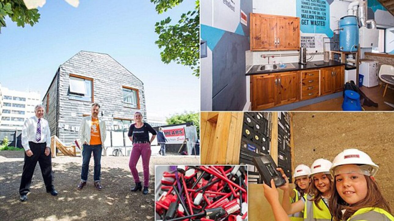 Universidad británica construye casa con 20 mil esquemas dentales, mezclilla y cintas VHS para probar construcción sostenible con residuos.