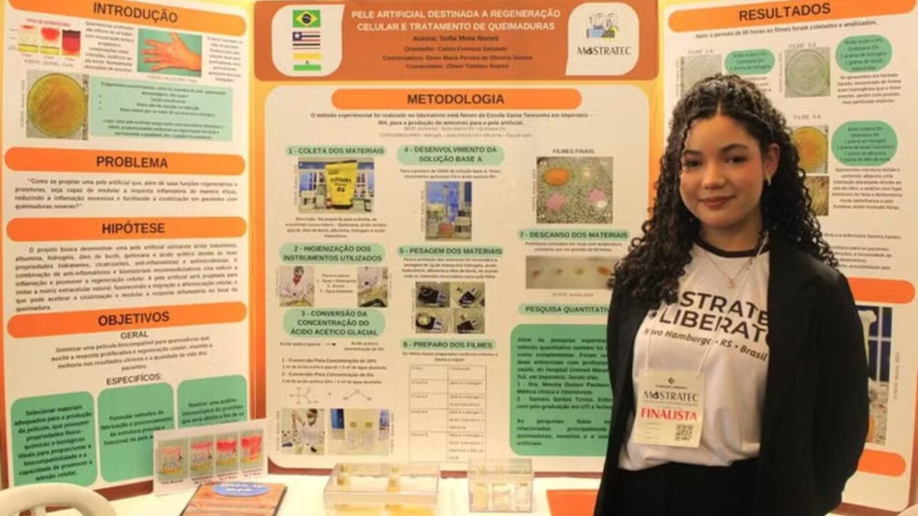 Estudiante brasileña de 16 años crea piel artificial para ayudar en el tratamiento de quemaduras, vence premio internacional y lleva proyecto a la mayor feria de ciencia del mundo.