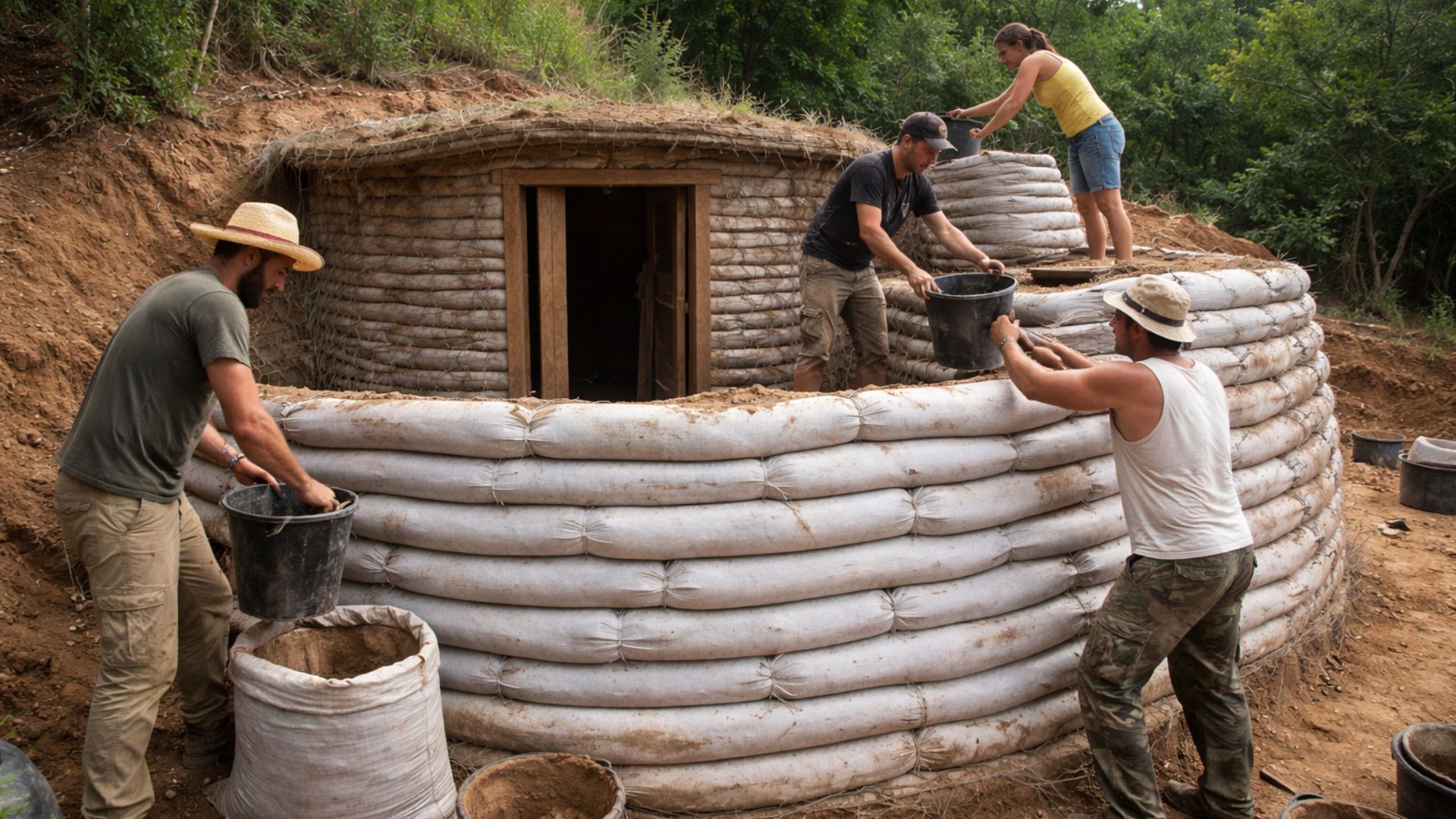 Casa construída com sacos de batata e cebola usa terra compactada, telhado verde e bunker subterrâneo que conserva alimentos por anos em SC. (Imagem: site ND+)