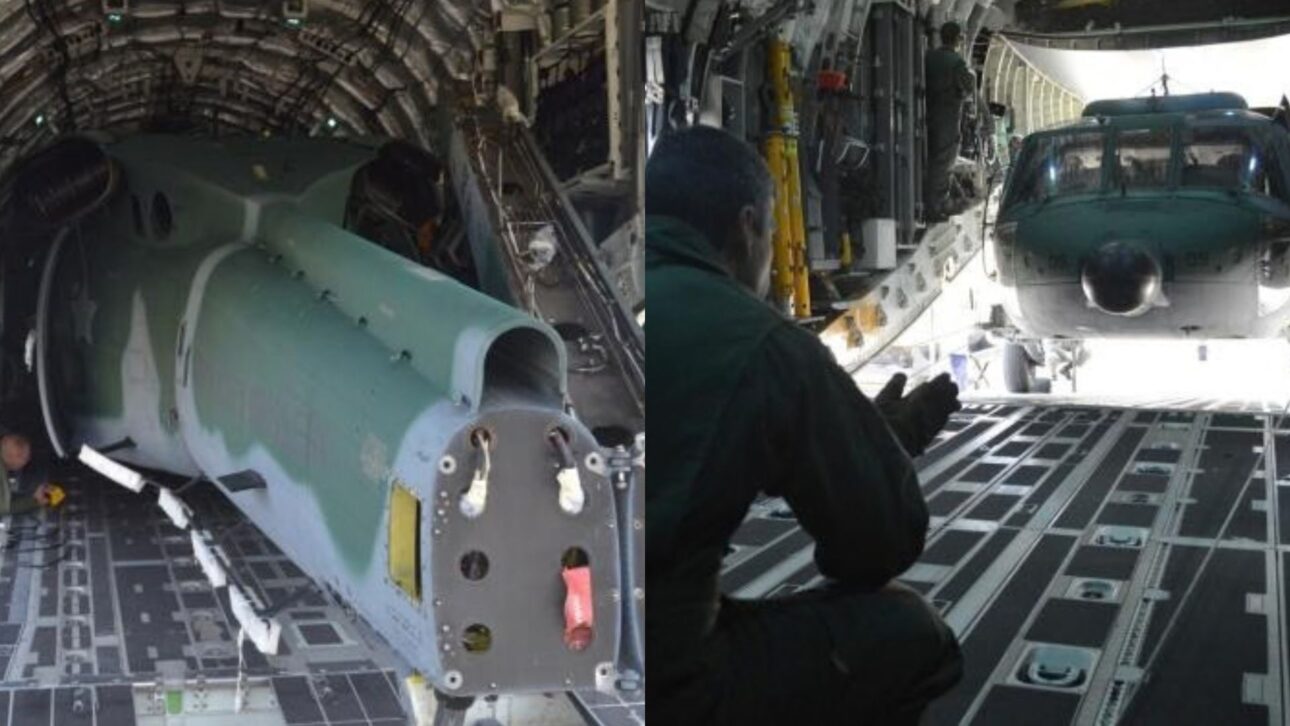 Black Hawk da FAB é levado aos EUA dentro de um KC-390 para receber aviônicos Garmin G5000H, marcando início da modernização da frota.
