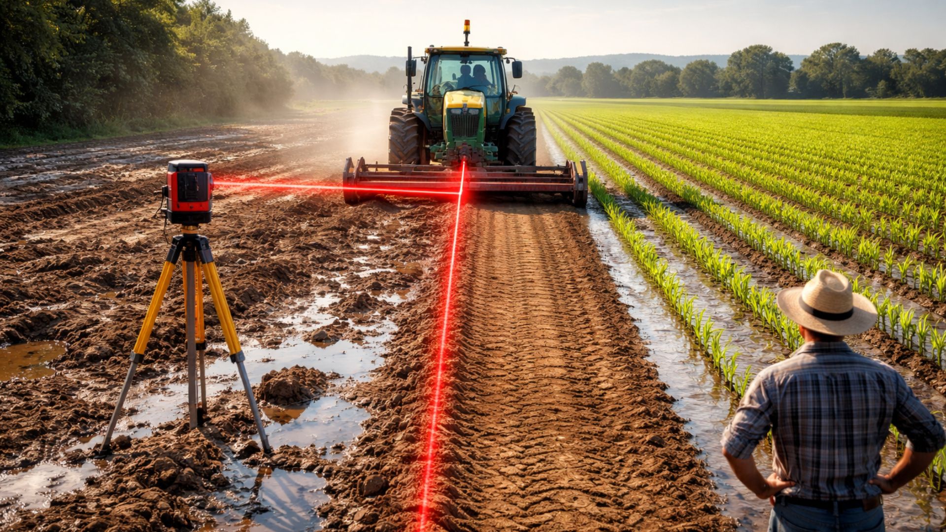 Tecnologia de nivelamento a laser corrige desníveis do solo, melhora irrigação e pode reduzir em até 30% o consumo de água nas lavouras.