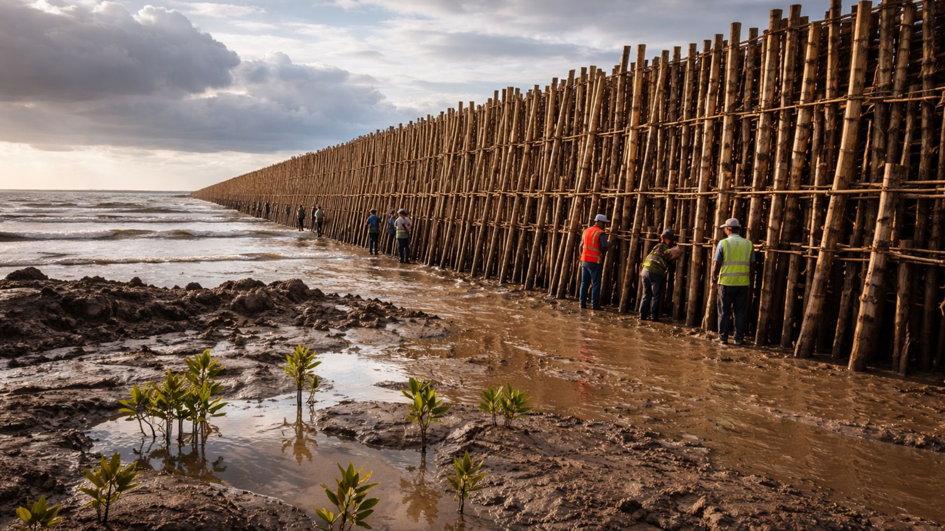 Barragens de bambu instaladas na costa da Guiana ajudam a reter sedimentos e permitem o retorno natural de manguezais em área antes ameaçada pela erosão.