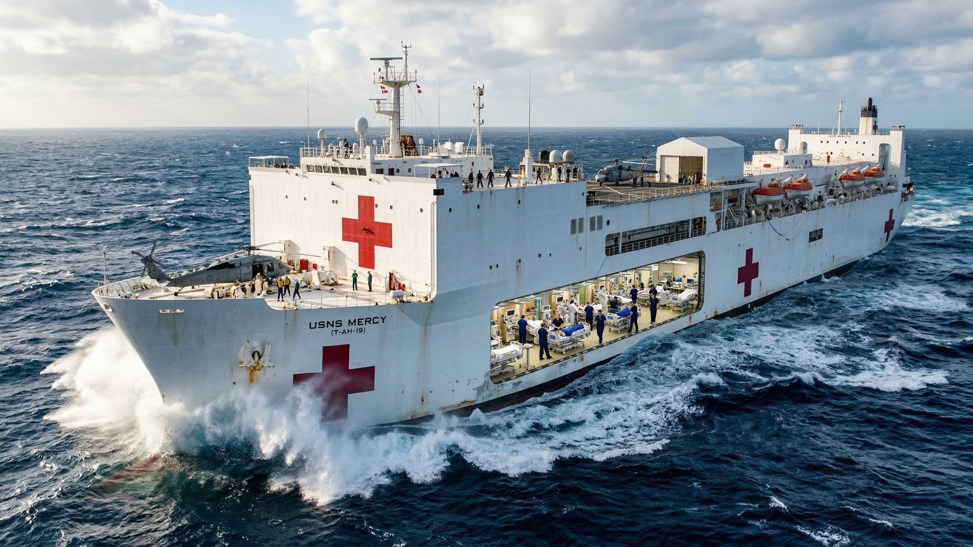 USNS Mercy: hospital flutuante da Marinha dos EUA tem 1.000 leitos, 11 salas cirúrgicas e atua em guerras, desastres naturais e missões humanitárias.