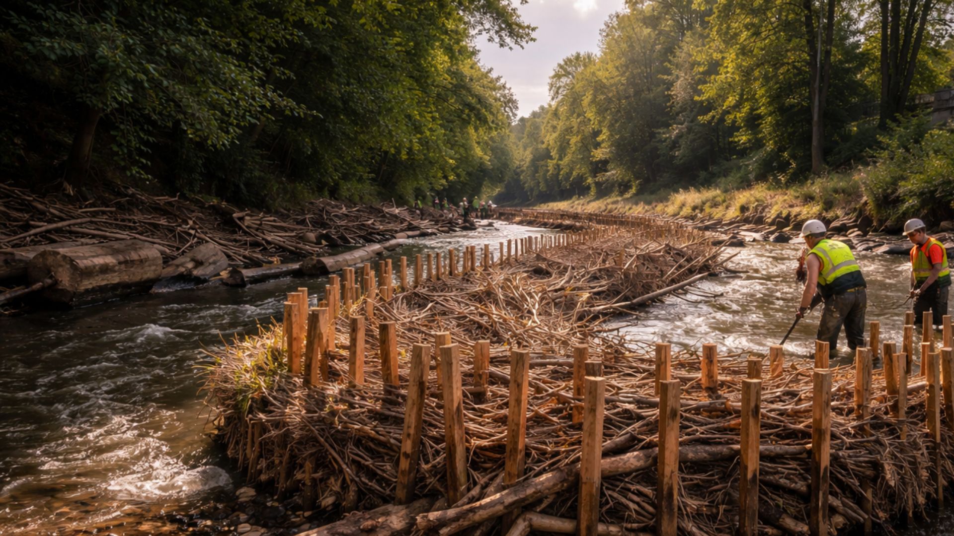 Londres redesenha 1,25 km do Beverley Brook com bermas de galhos e 1.200 estacas, usando sedimentos para recriar margens naturais e habitats.