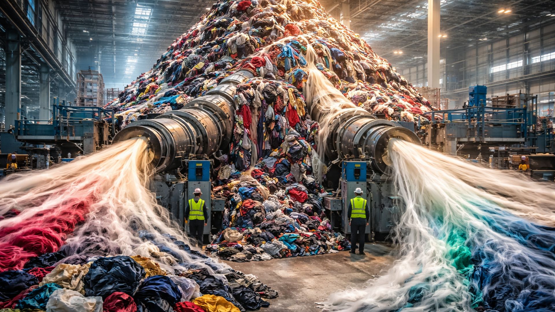 Resíduos têxteis deixam de ser lixo e passam a abastecer fábricas que transformam roupas usadas em novas fibras de algodão e poliéster.