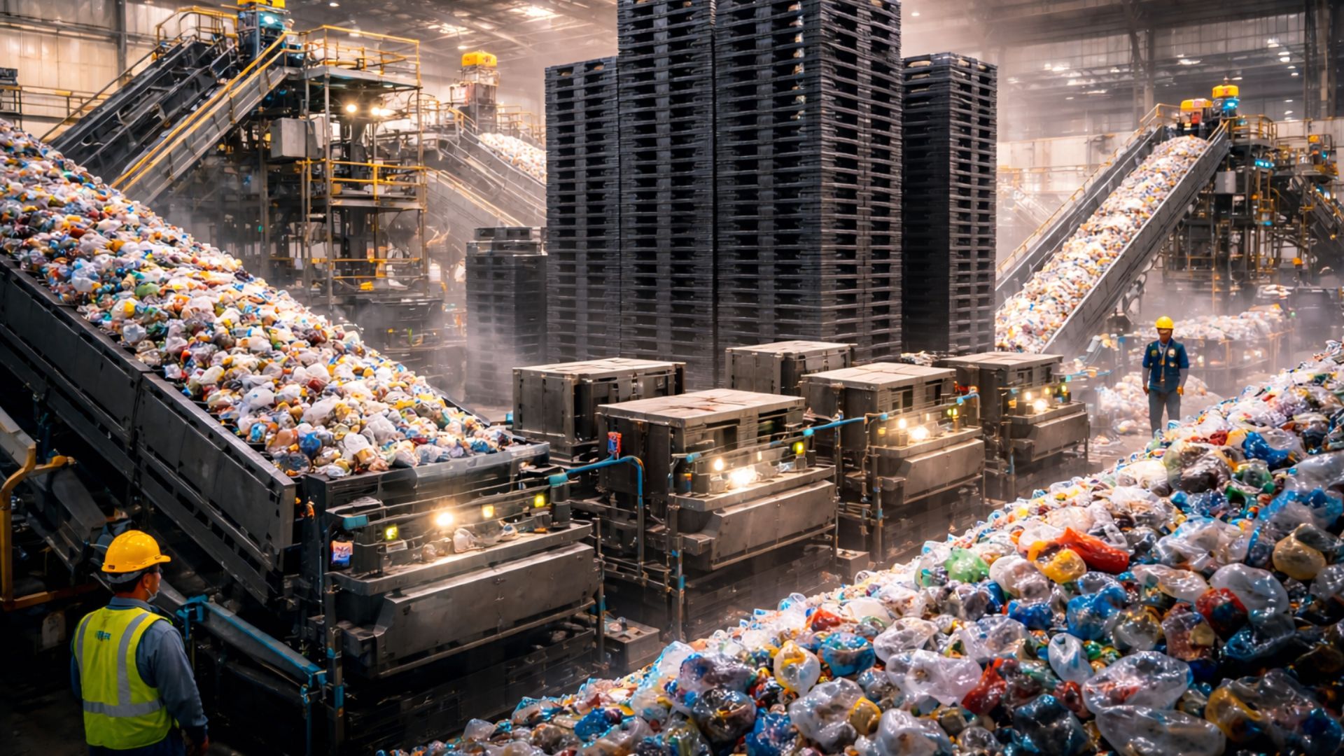 Cidade japonesa transforma resíduos em paletes com tecnologia avançada de reciclagem que separa PP e PE e reduz contaminação do plástico.