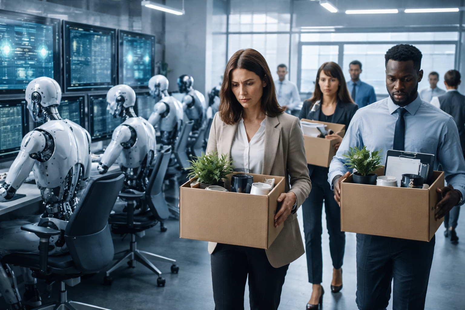 Funcionários deixando escritório enquanto robôs operam computadores, representando impacto da Inteligência Artificial no mercado de trabalho.