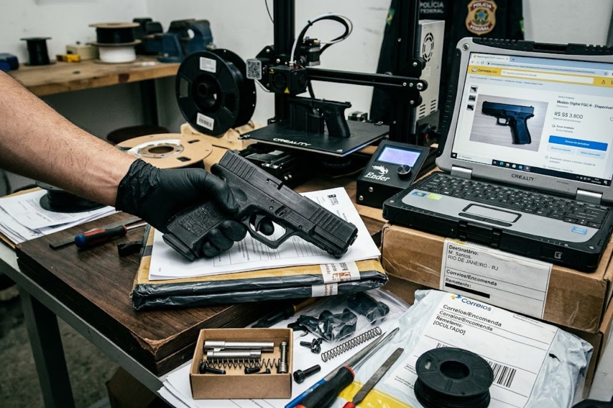 Investigação revela armas fabricadas em impressoras 3D vendidas em plataformas de e-commerce com projeto digital de armas e produção doméstica de armas no Brasil. imagem: IA