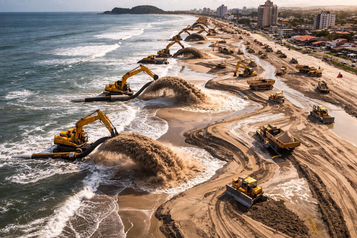 Areia transforma Matinhos com engorda inédita na orla do Paraná, amplia a praia e testa uma defesa costeira maior contra erosão por vários anos.