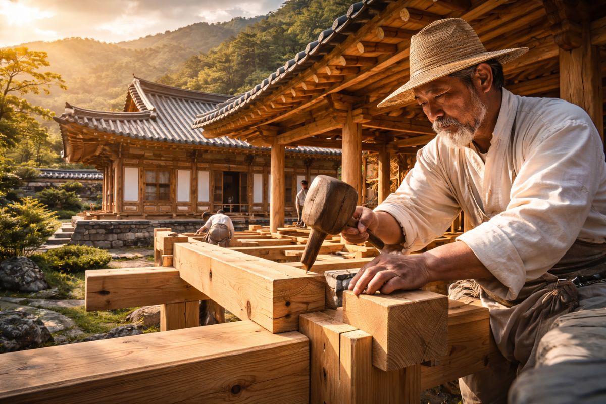 carpinteiro coreano explica hanok com madeira, tradição e estrutura em casas que respiram e desafiam a pressa moderna.