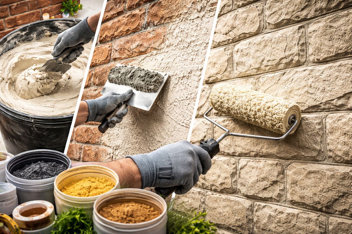 Argamassa no tijolo com textura, relevo e acabamento: técnica mostra como a parede crua ganha efeito de pedra e mais proteção.