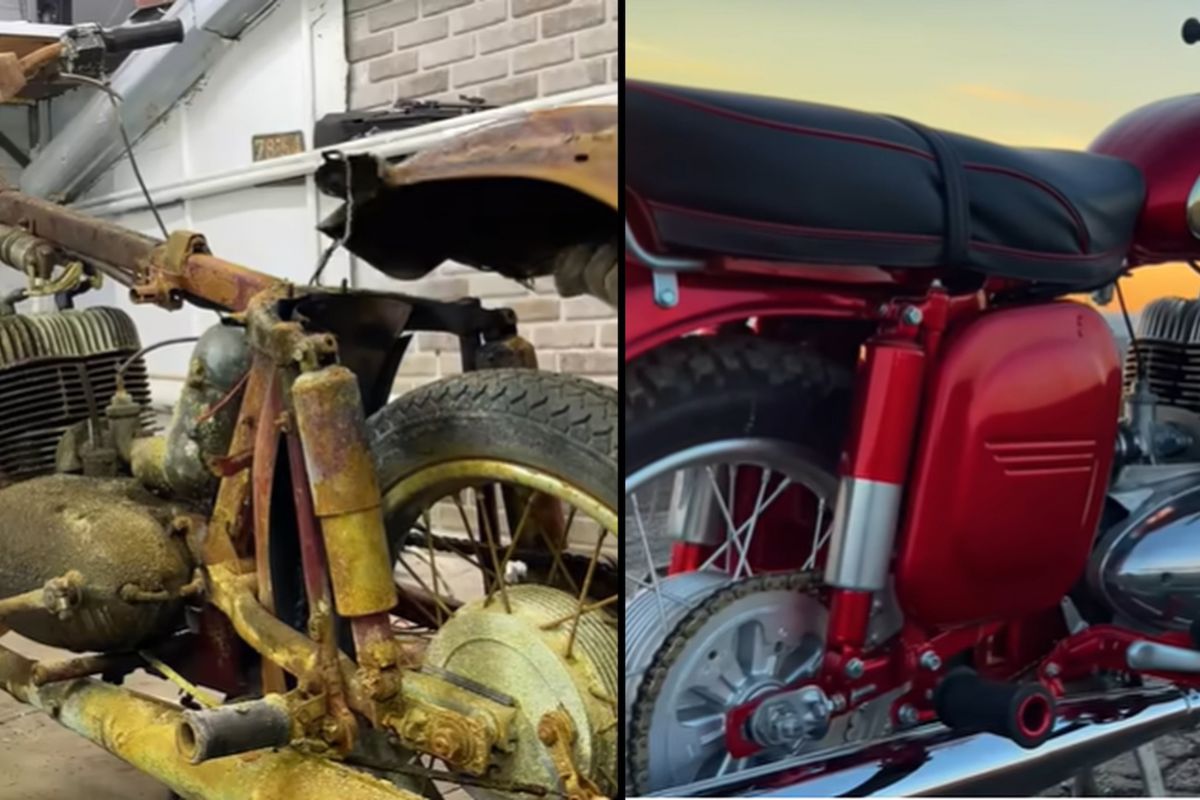 Moto abandonada dos anos 1960 coberta de ferrugem é desmontada peça por peça e passa por restauração completa que recupera motor, estrutura e aparência original