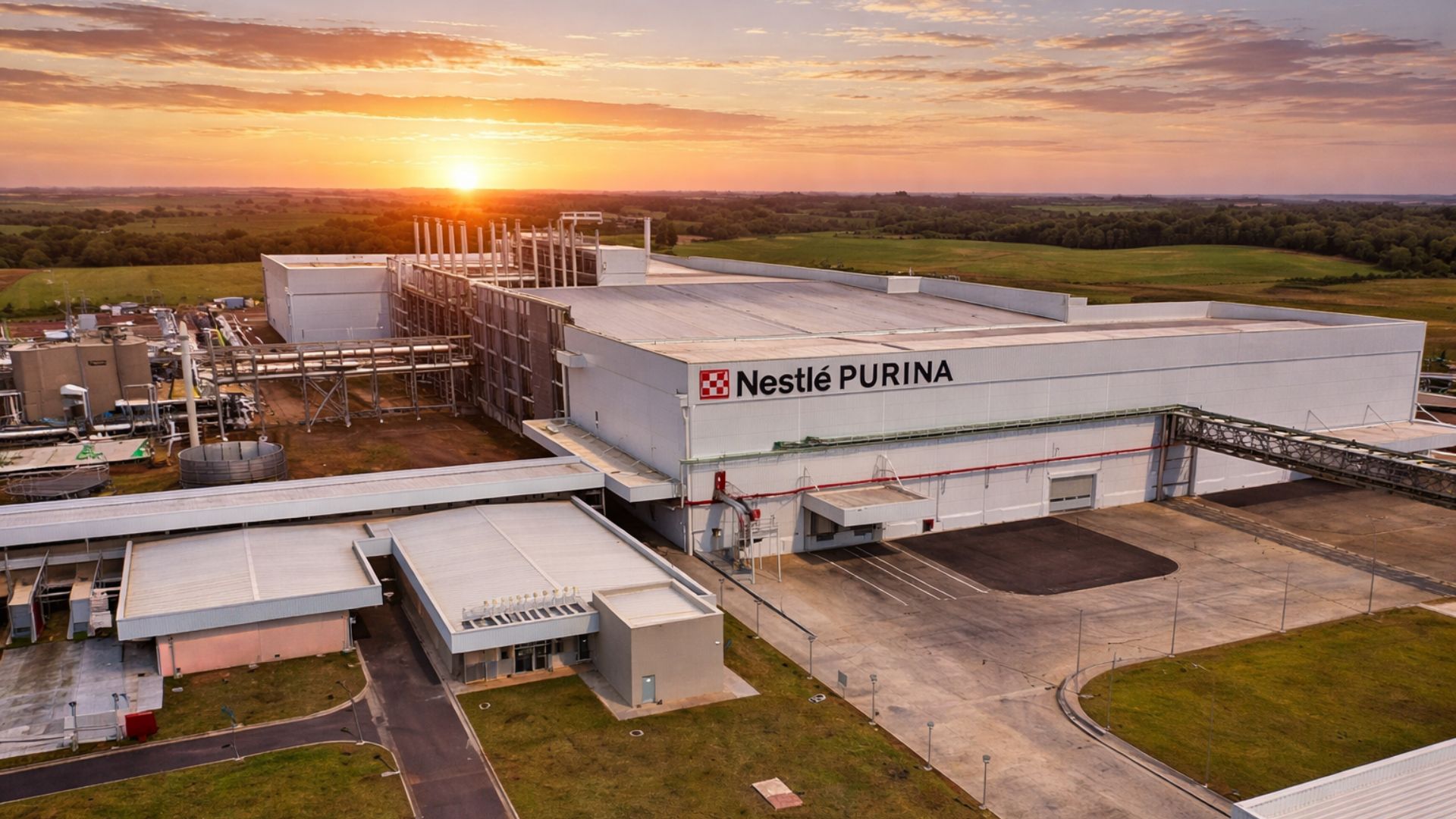 Vista aérea da nova fábrica da Nestlé Purina em Vargeão, Santa Catarina, instalada em área rural e projetada para ampliar a produção de alimentos para o mercado pet.