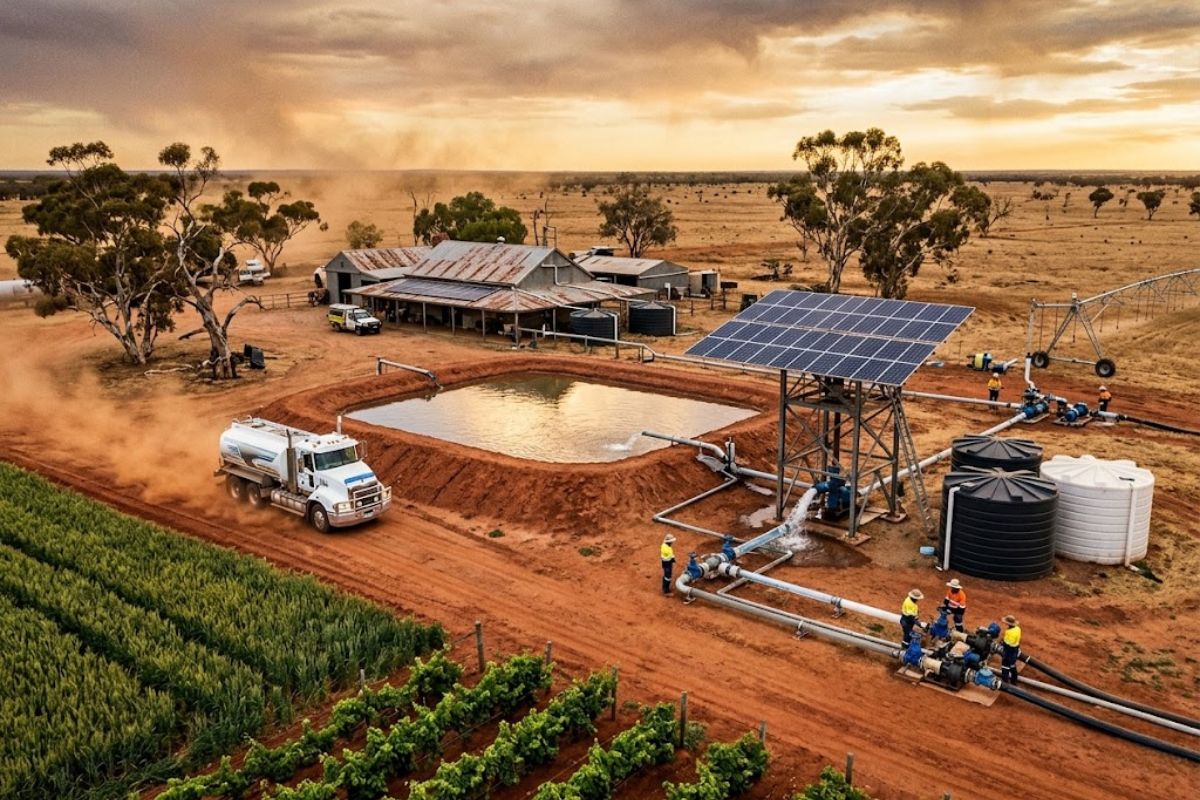 Fazenda de 10 mil hectares na Austrália depende de água, chuva e energia solar para captar, bombear e transportar recursos que mantêm reservatórios, ovelhas e plantações ativos no interior seco.