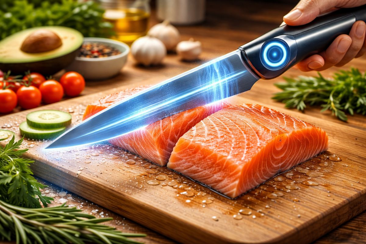Nova faca ultrassônica apresentada na CES 2026 promete revolucionar a cozinha ao usar vibrações de alta frequência para cortar alimentos com mais facilidade