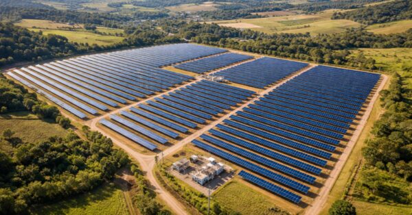 Vista aérea de um parque solar em área rural brasileira com longas fileiras de painéis fotovoltaicos instalados em terreno aberto cercado por vegetação.