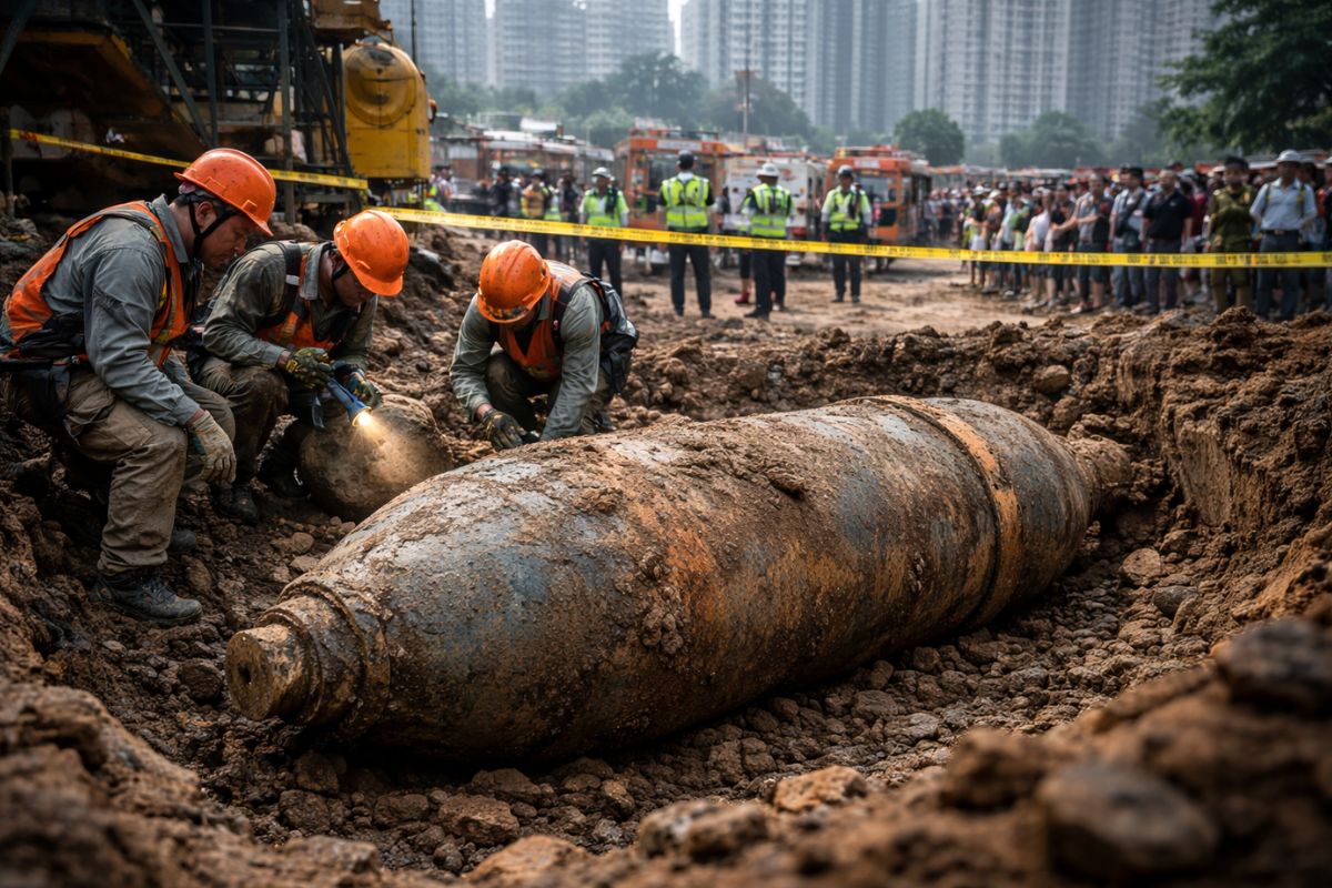 Operários descobrem bomba da Segunda Guerra Mundial em Hong Kong, provocando evacuação de moradores enquanto especialistas iniciam desativação de explosivos.