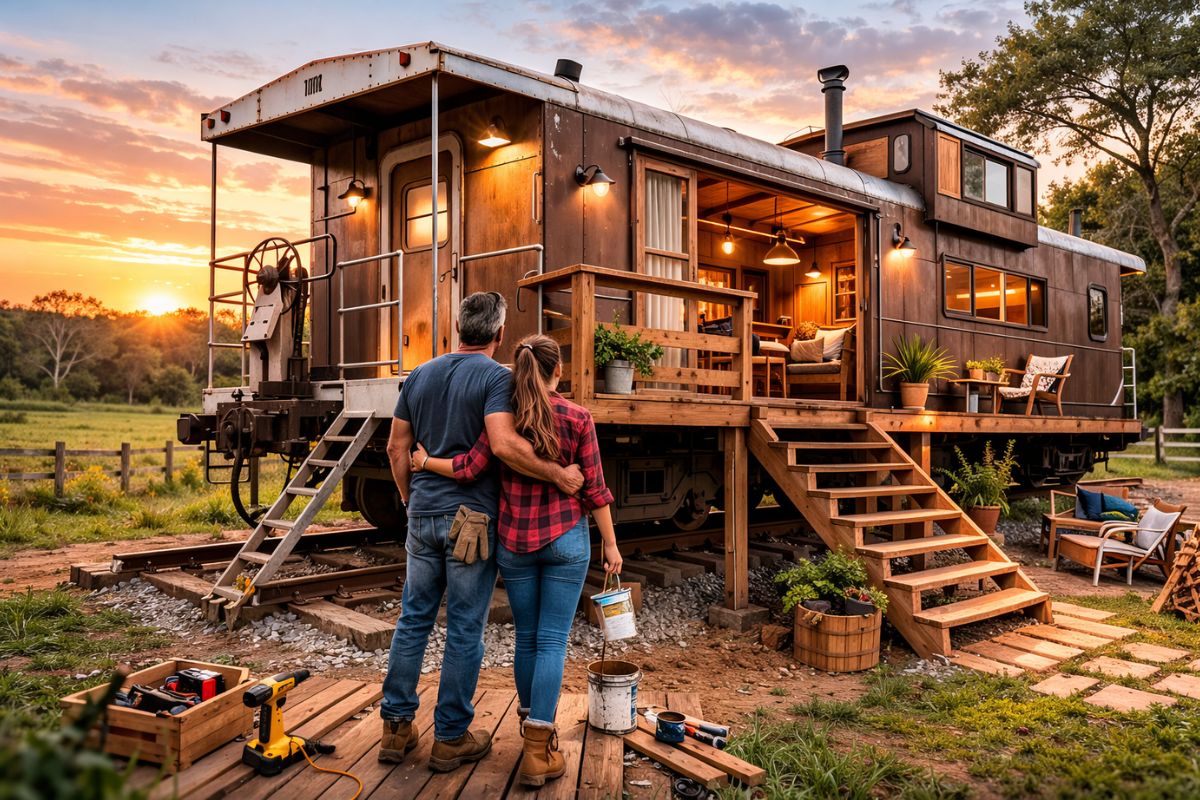 Um vagão achado em ferro-velho passa por reforma e vira hospedagem para aluguel em área rural, preservando memória ferroviária.