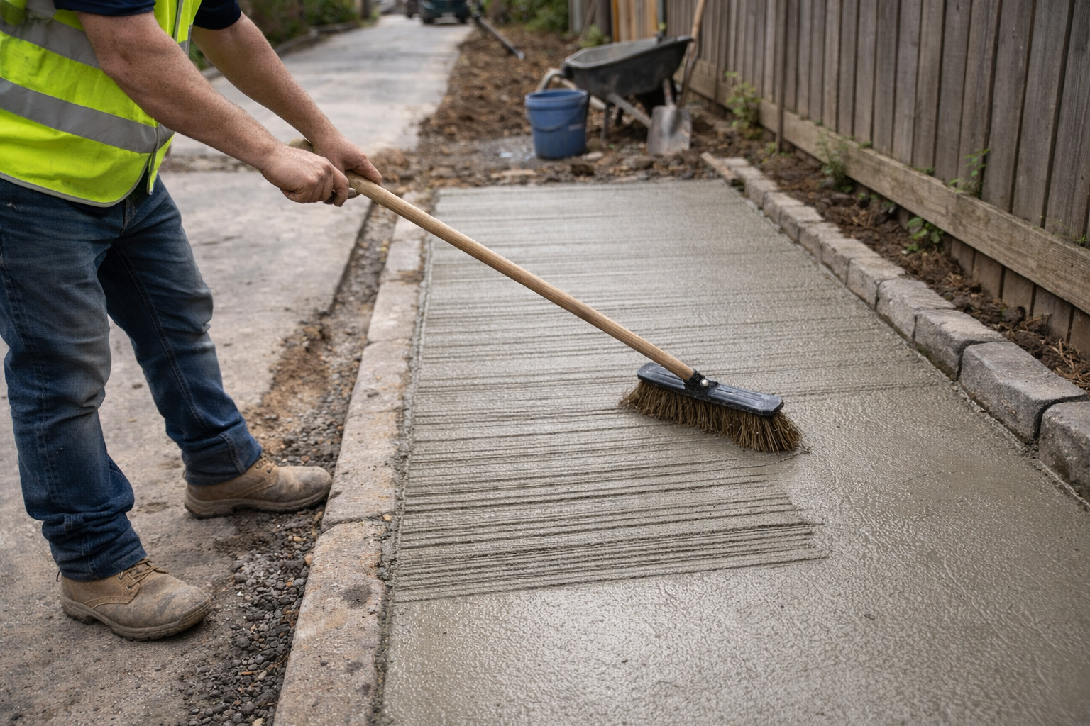 Pedreiro ensina a passar uma vassoura comum sobre a argamassa ainda fresca para criar piso antiderrapante extremamente resistente: a técnica simples forma sulcos que aumentam a aderência, ajudam a escoar a água da chuva e são usadas há décadas em calçadas, rampas e garagens