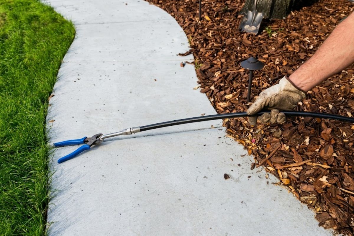 Pedreiro usa mangueira de jardim e tubo de PVC para atravessar o solo sob concreto e passar encanamento sem quebrar nada.