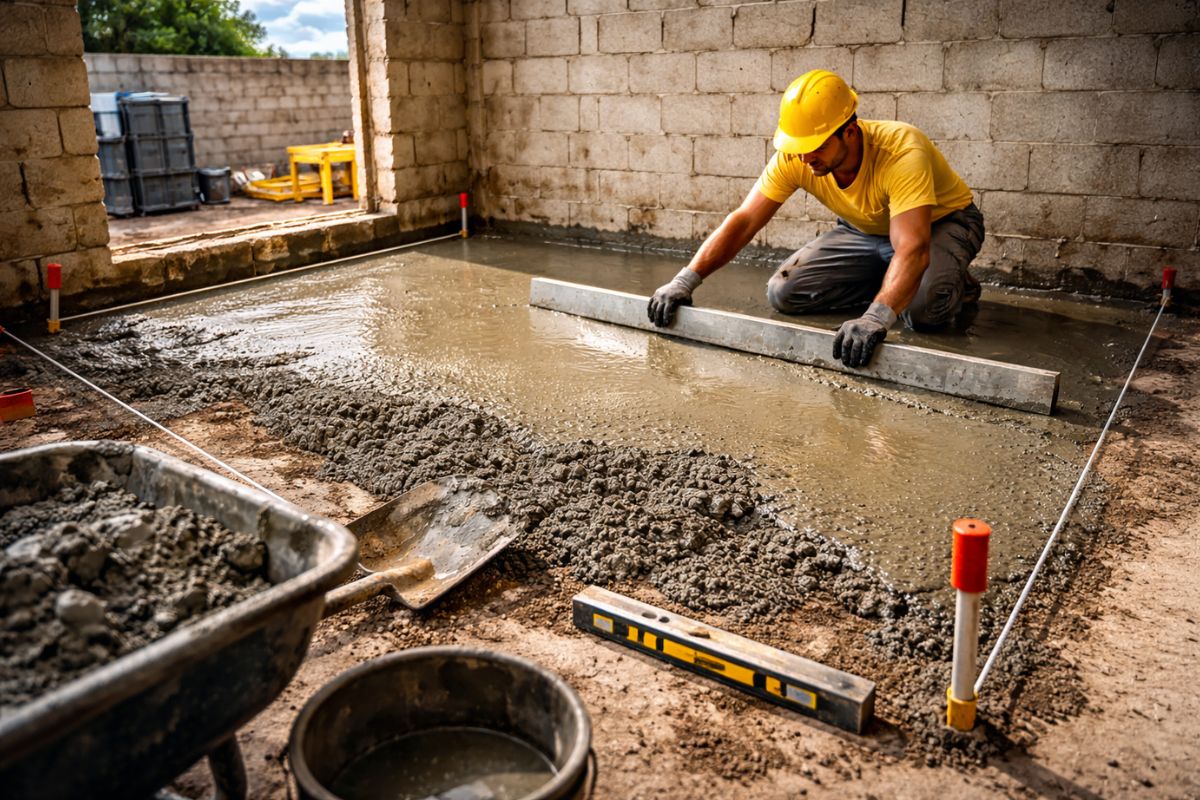 Pedreiro mostrou como fazer o contrapiso da casa do zero com caída certa, ponto de nível nos cantos e técnica simples para evitar falha, desnível e água empoçada