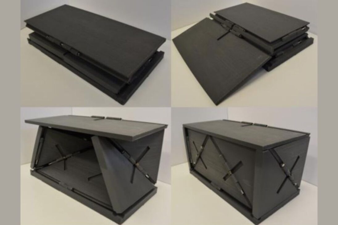 Refugio inspirado en origami utiliza paneles y estructura plegable para crear refugio rápido y funcional en emergencias.