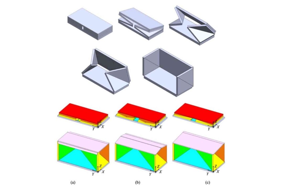 Refugio inspirado en origami utiliza paneles y estructura plegable para crear refugio rápido y funcional en emergencias.