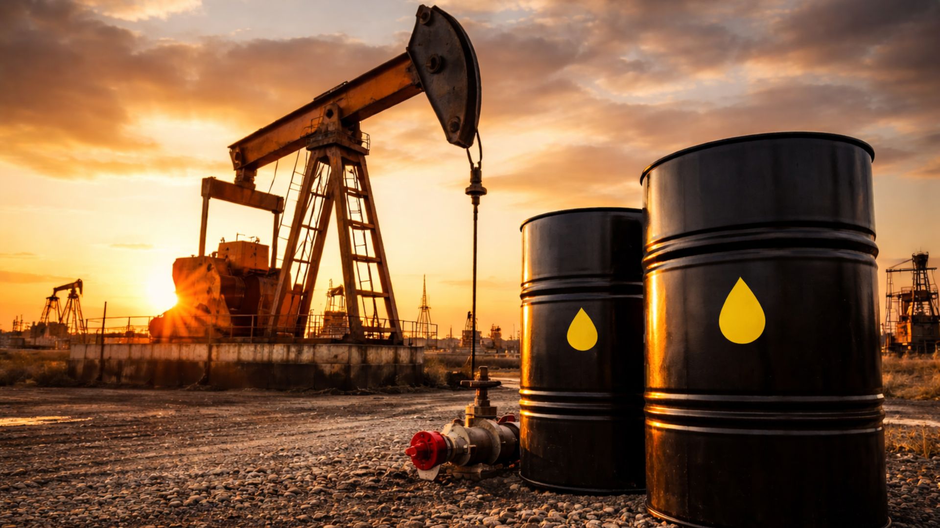 Bomba de extração de petróleo operando ao pôr do sol ao lado de barris de petróleo em campo petrolífero, representando reservas estratégicas e impacto nos preços da gasolina.