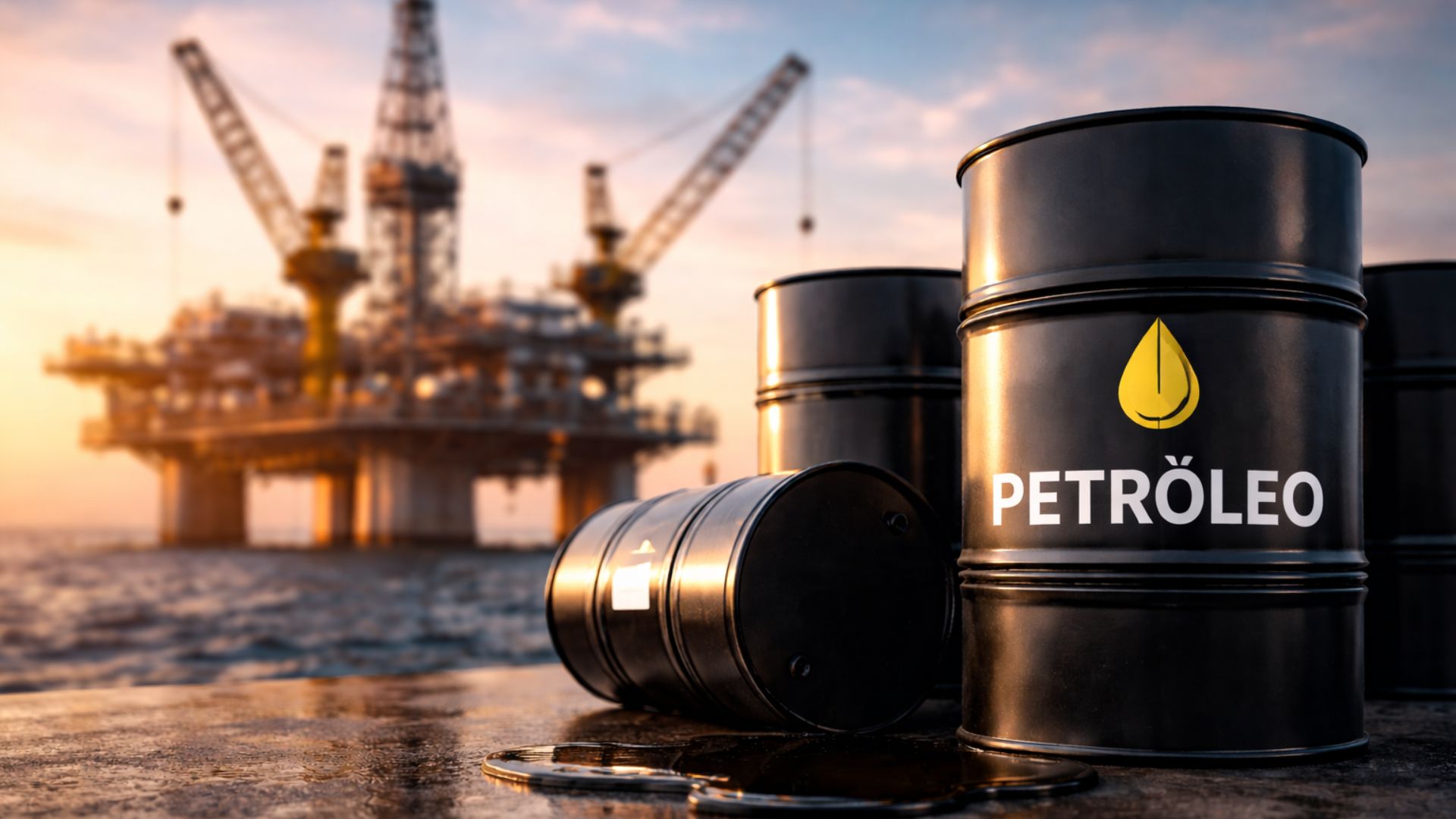 Barris de petróleo em primeiro plano sobre superfície molhada, com plataforma de extração offshore desfocada ao fundo durante o pôr do sol no mar.