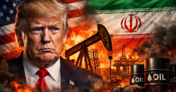 Donald Trump diante das bandeiras dos Estados Unidos e do Irã enquanto plataformas e barris de petróleo aparecem em chamas, simbolizando tensões no Oriente Médio e impacto no mercado global de energia.