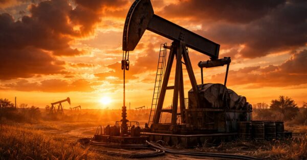 Bomba de extração de petróleo operando ao pôr do sol em campo petrolífero, simbolizando a alta do petróleo no mercado global de energia durante tensões no Oriente Médio.