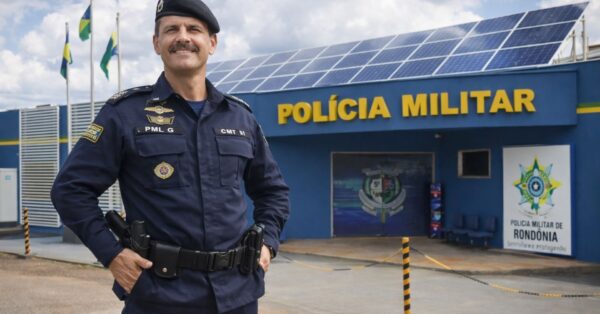 Policial da Polícia Militar de Rondônia em frente ao batalhão com painéis solares instalados no telhado, representando projeto de eficiência energética nas unidades policiais.