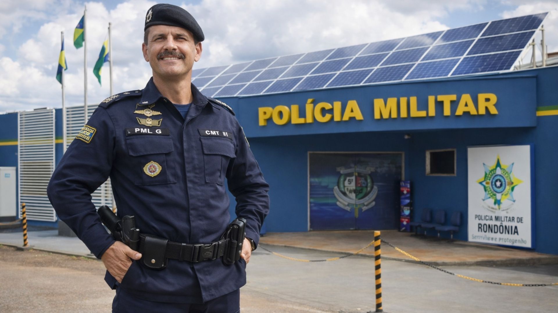 Policial da Polícia Militar de Rondônia em frente ao batalhão com painéis solares instalados no telhado, representando projeto de eficiência energética nas unidades policiais.