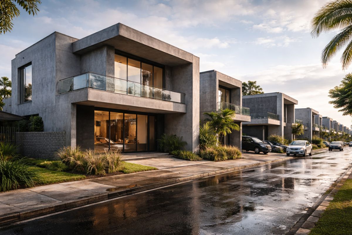 Casas brasileiras modernas com telhados planos, janelas grandes, paredes de cimento e casa em forma de caixa explicam por que esse estilo domina novos bairros no Brasil.