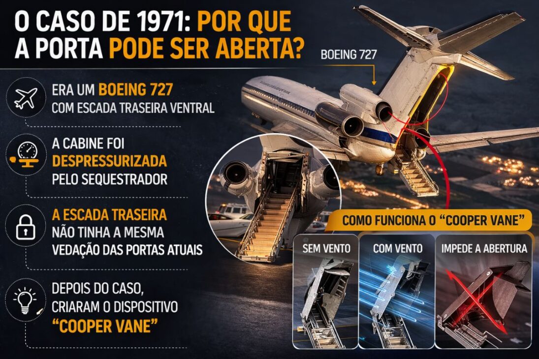 En el avión comercial, la puerta del avión no se abre en vuelo porque la presión interna sella la aeronave e impide la apertura por parte de los pasajeros.